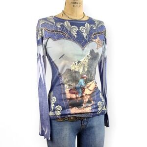 Y2K Western Top Cowgirl Graphic Long Sleeve Rhinestone Baroque Scroll Size M